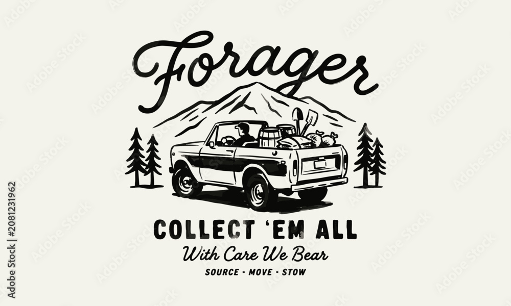 Fototapeta premium Retro forager off road vehicle illustration with mountains and trees for apparel and stickers