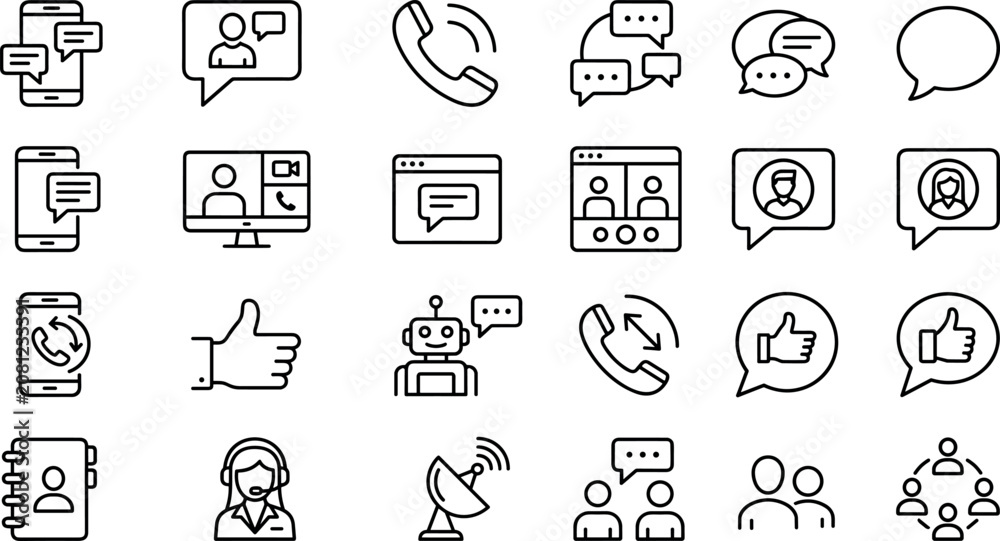 Fototapeta premium Communication and customer support line icons set including video calls chat messages support agents and feedback symbols isolated on white background