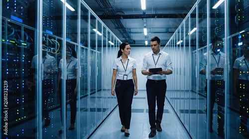 Technology Experts Inspecting Cloud Computing Infrastructure in Data Center