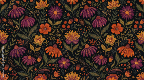 Colorful flowers on black background.