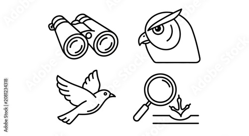 Foto Birdwatching Icons: Binoculars, Owl, Flying Bird, Magnifying Glass with Footprin