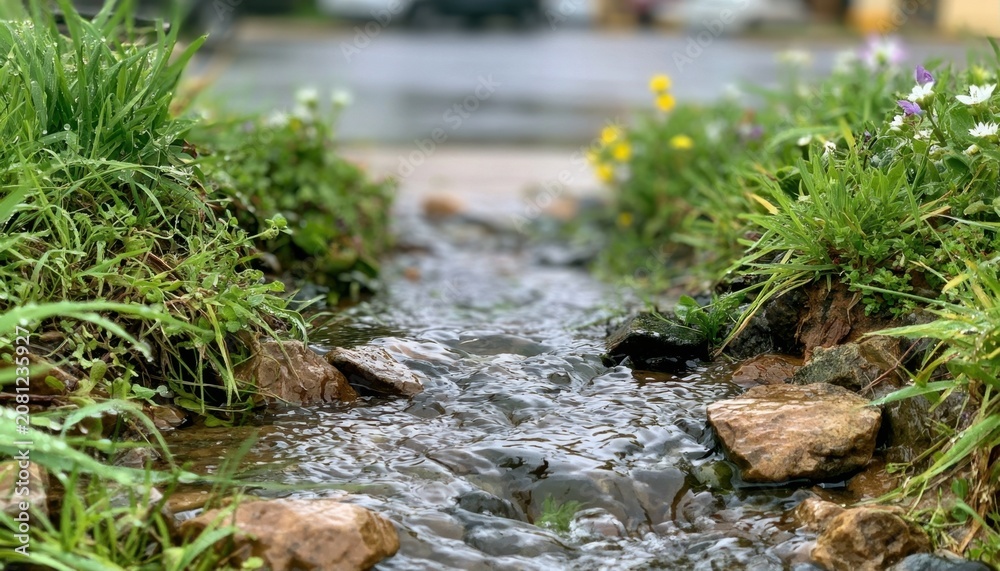 Fototapeta premium Flowing stream through green vegetation and rocks on a rainy day