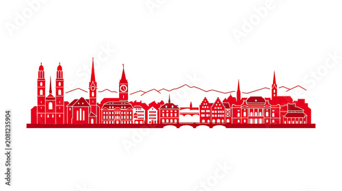 Red Zurich Skyline Silhouette Panorama - Iconic Swiss Cityscape Graphic