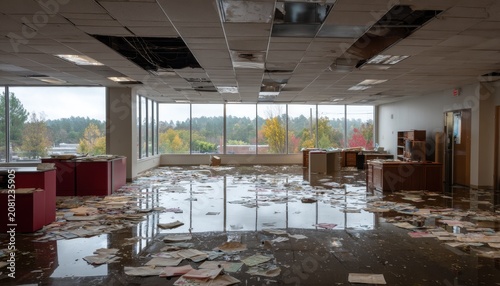 Flooded open-plan office space with scattered papers and damaged ceiling panels