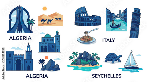 Travel Destinations: Algeria, Italy, Seychelles Illustrated Landmarks & Icons