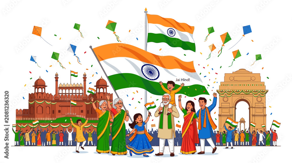 Obraz premium Happy Indian Independence Day Celebration with Diverse People Landmarks and National Flag
