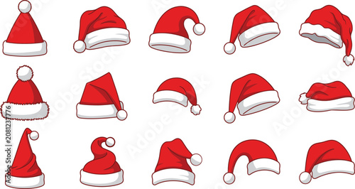 Tableau sur toile Collection of red santa claus hats in various styles and positions for festive d
