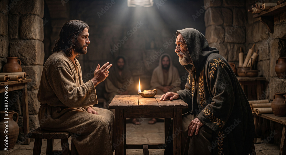 Obraz premium Bible, A wide-angle, atmospheric shot showing both figures. Jesus is speaking, his hand gently raised, embodying a quiet, divine authority. 