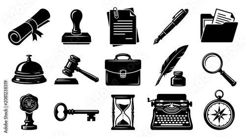 Black  White Icons: Legal  Business Symbols - Scroll, Stamp, Gavel, Briefcase, Quill, Magnifying Glass