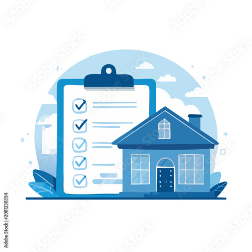 Flat vector illustration of house and checklist on clipboard
