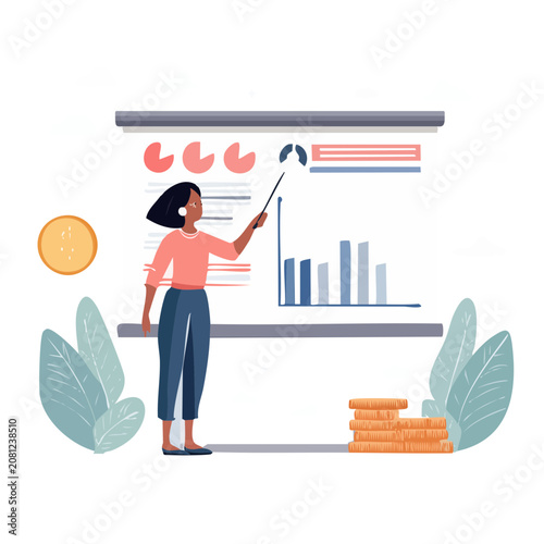 Woman presenting data on whiteboard with charts