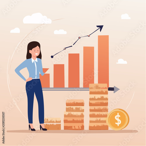 Business growth illustration with bar chart and coins