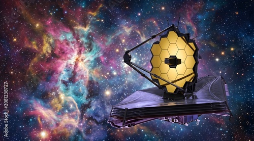 James Webb space telescope observing colorful deep space nebula astronomy concept
