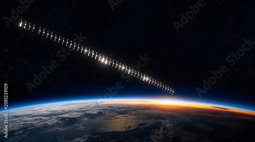 Line of communication satellites train orbiting planet earth global connectivity technology concept
