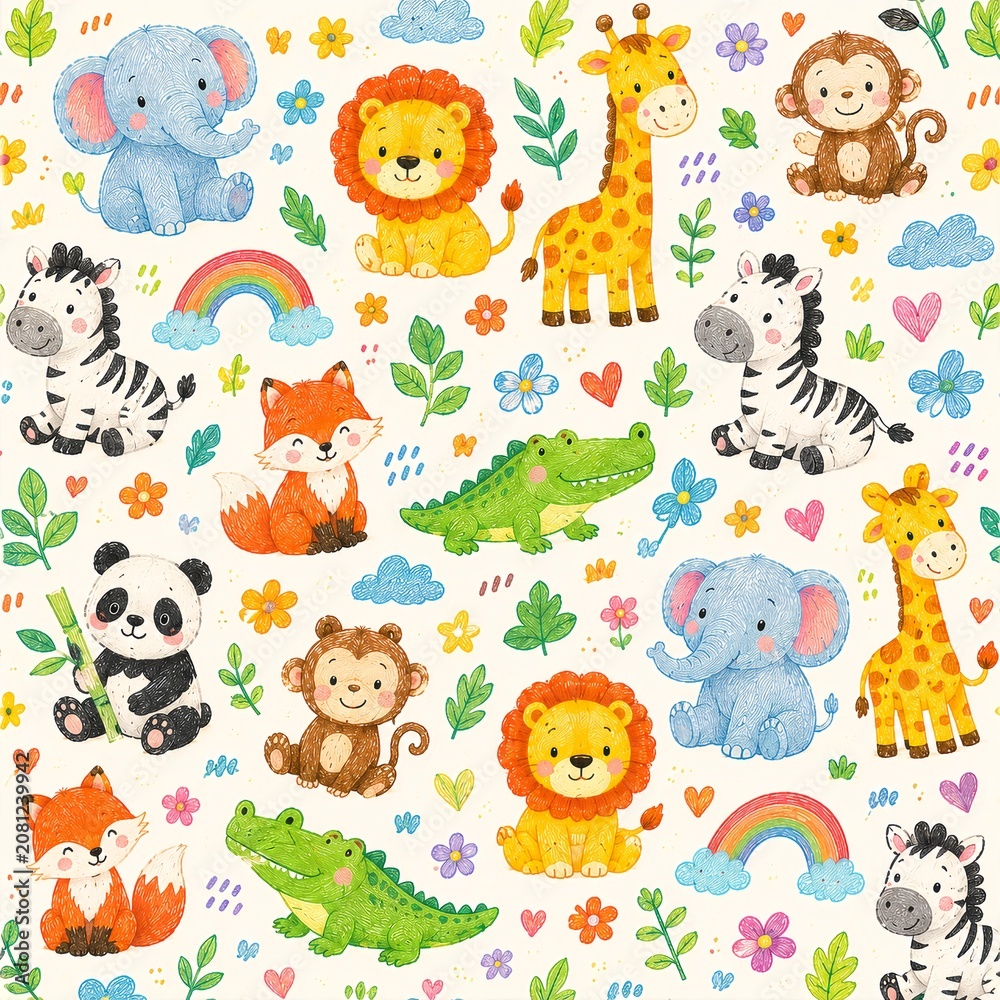 Fototapeta premium Cute Safari Animals Seamless Pattern with Elephant Lion Giraffe Zebra Panda and Monkey