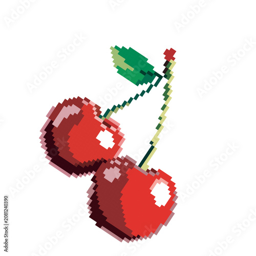Pixel art style cherry vector illustration on isolated background.