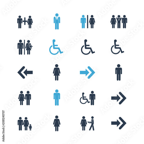 Collection of accessibility and direction icons in blue and black.