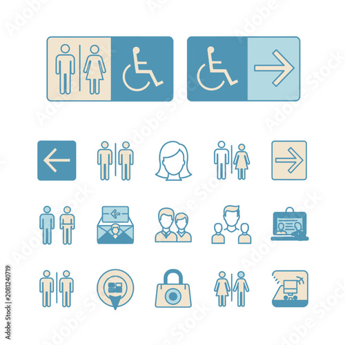 Collection of accessibility and direction icons for public spaces.