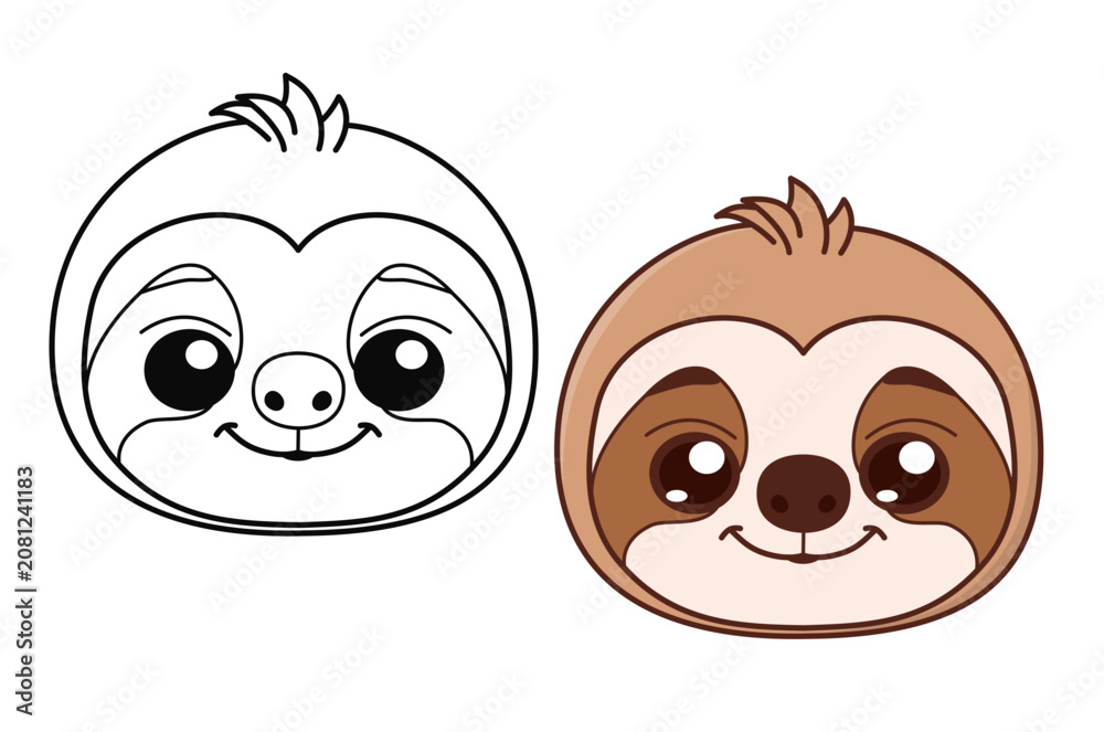 Fototapeta premium A vector design asset featuring a side-by-side comparison of a cartoon sloth face, displaying a clean, solid black outline version on the left for coloring and a finished brown color-filled version
