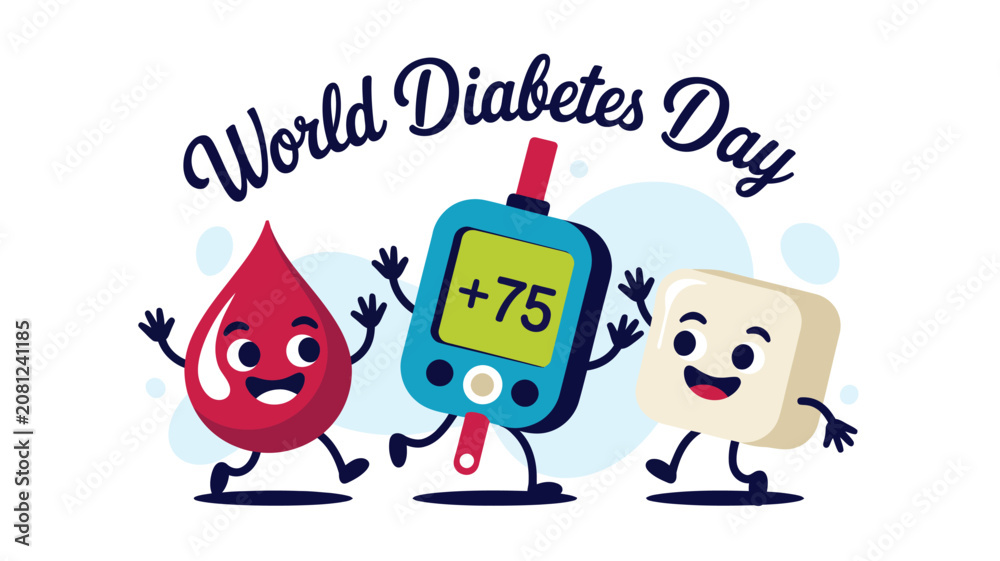 Fototapeta premium Animated blood drop, glucometer, and sugar cube smiling, promoting World Diabetes Day