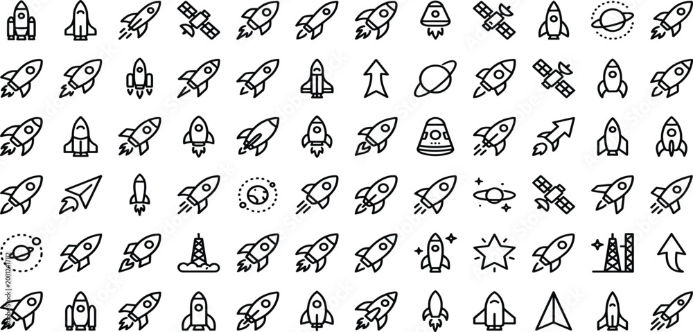 Fototapeta premium Space exploration rocket launch line icons set with spaceships satellites and planet symbols vector