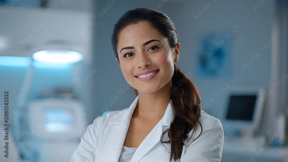 Obraz premium Portrait of a Confident Dermatologist: A professional dermatologist, a young woman with dark hair tied back, wears a white lab coat and smiles warmly at the camera, standing in a clean.