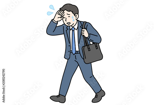 Businessman Sweating During Hot Summer Commute Under Extreme Heat While Walking Outdoors With Briefcase Showing Heat Stress And Risk Of Heatstroke