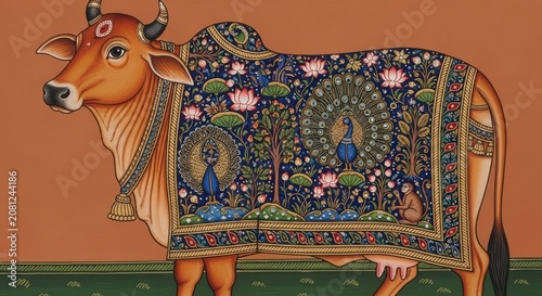 Ornate Indian Cow Decorated with Traditional Art and Sacred Symbols.