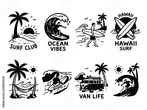 Eight black and white monochrome surf club and van life badges showing tropical beaches with hammocks, retro campers, and surfers riding waves