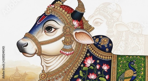 Ornate Indian Bull Nandi Decorated with Lotus Flowers and Peacock Motif.