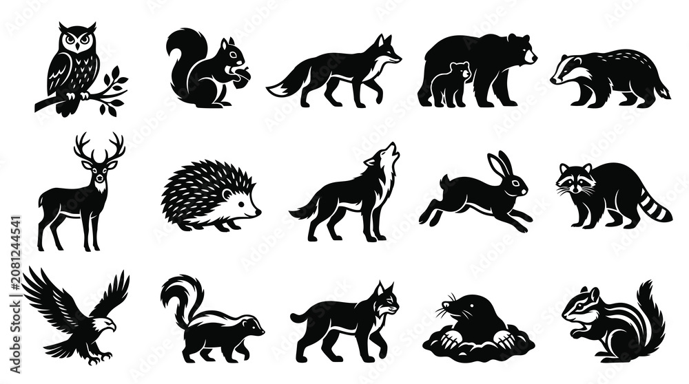 Obraz premium Black and White Forest Animals Vector Icons Set, Wildlife Silhouette Illustrations