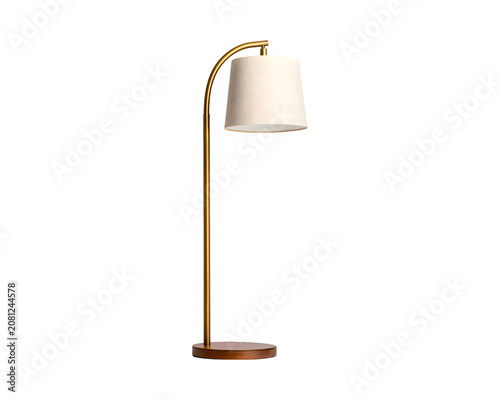 Cuadro en lienzo A modern golden floor lamp with a cream lampshade and a wooden base, casting a w