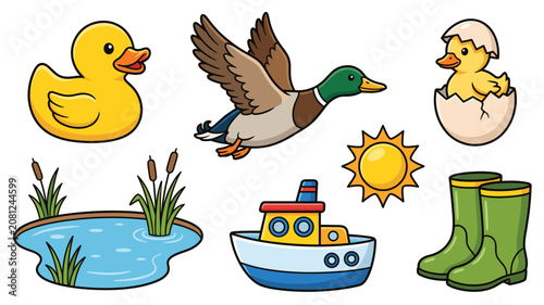 Cute cartoon yellow duck drawing vector collection. Rubber bath toy, flying mallard, hatching egg, pond, boat and rain boots illustration set.
