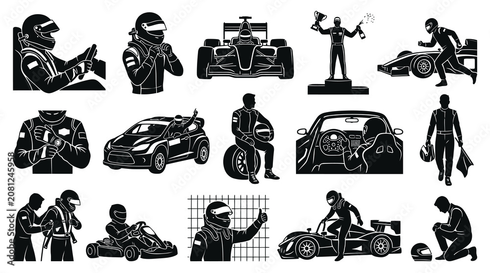 Obraz premium Racing Car Driver Icons: Black White Glyph Set for Motorsports