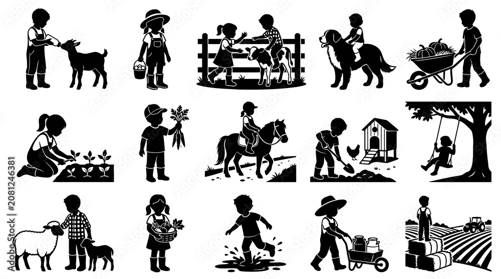 Obraz premium Agriculture Kids Vector Silhouettes - Children Farm Life Activities and Animals Black and White Glyphs