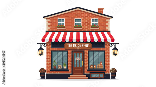 Photos Charming Brick Shop Facade with Red and White Awning, Open Sign