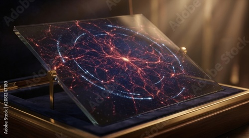 A deep-space panorama shows an anisotropic cosmic web of galaxy filaments, glowing clusters, and dark matter voids stretching across a tilted redshift map, with blue-white stars scattered along