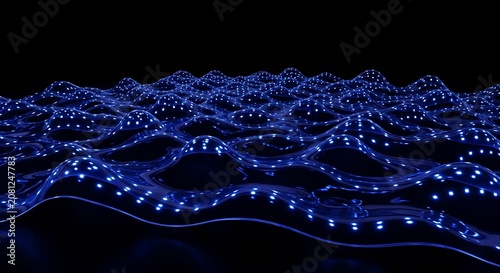 Abstract digital landscape illuminated by glowing blue particles, creating a sense of depth and movement.