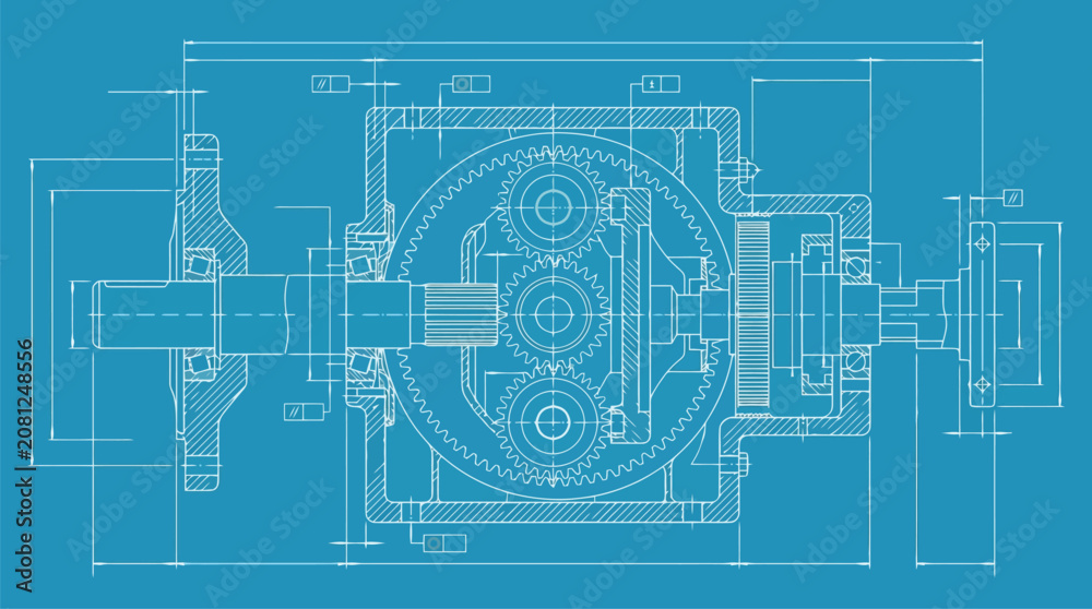 Naklejka premium Blueprint gear circuit schematic vector illustration for engineering technology concept.