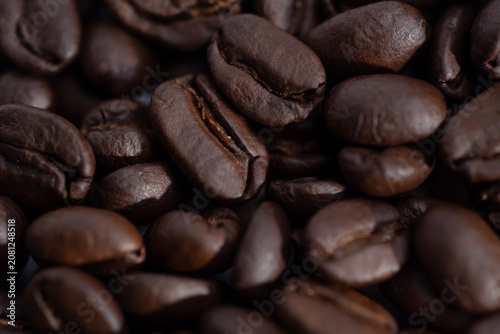 Extreme close up of roasted coffee beans texture