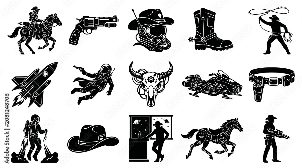 Obraz premium Sci-Fi Western Space Icons Set featuring Astronauts, Cowboys, Robotic Animals, and Futuristic Gear in Black White Glyph Style