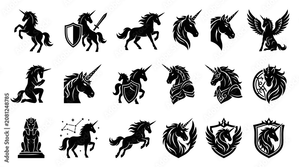 Fototapeta premium Unicorn Silhouette Icons Set Black and White Mythical Horse Fantasy Art