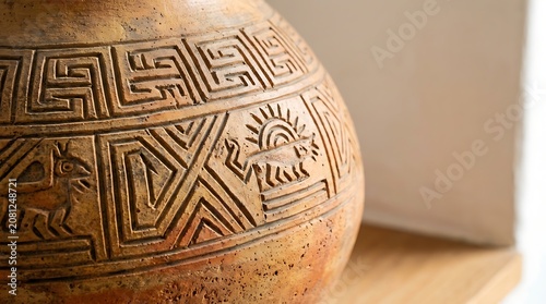Close up of an earthenware vase with ancient geometric patterns