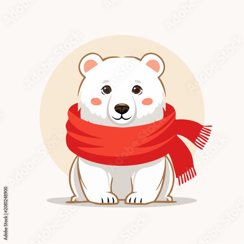 Cute cartoon polar bear wearing a red scarf