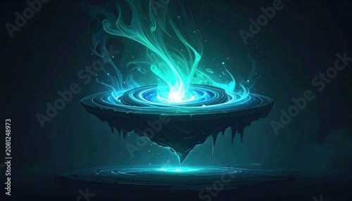 Mystical Floating Island with Ethereal Blue Energy Vortex.