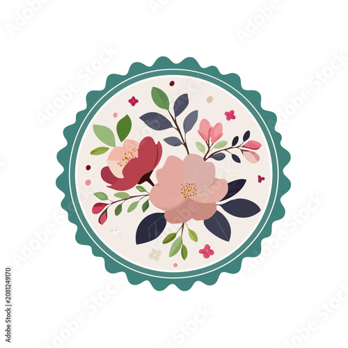 Floral badge with pink flowers and green leaves in circular frame