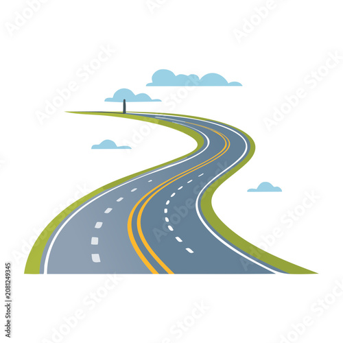 Winding road illustration with tree and clouds