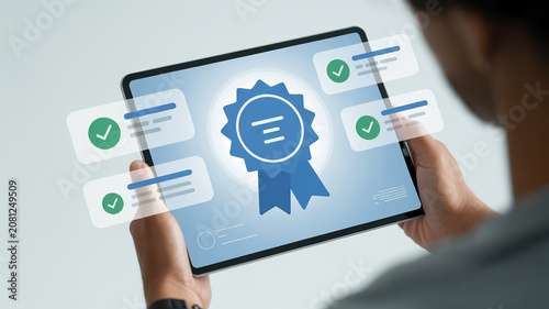 Person holding a tablet showing a quality certification seal and a checklist with green check marks