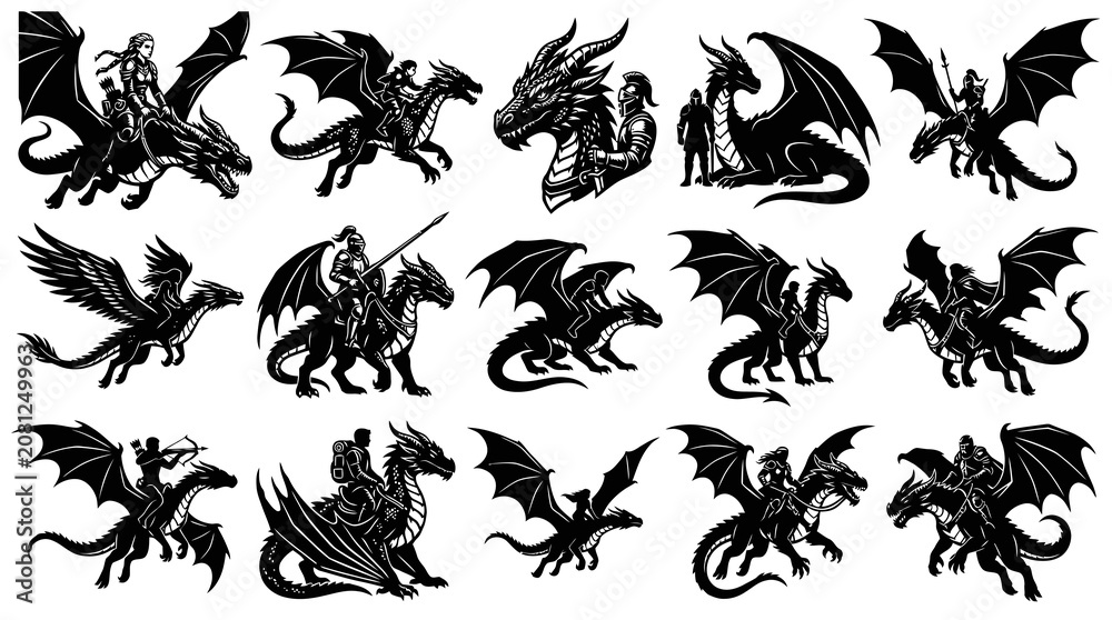 Fototapeta premium Black and White Fantasy Dragon and Knight Riders Vector Art Set - Mythical Creatures Silhouettes Collection