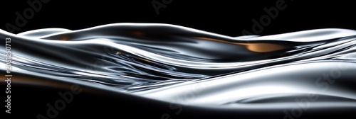 shiny metallic liquid waves on black background, smooth reflective chrome surface with warm amber highlights, sleek calm futuristic flow